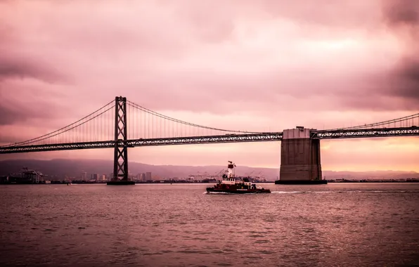 California, morning, sunrise, dawn, Bay Bridge, cityscape, San Francisco Bay, firefighting