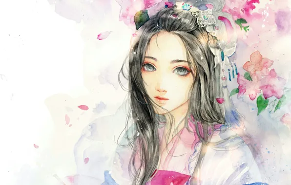 Girl, flowers, art, watercolor, sinvia