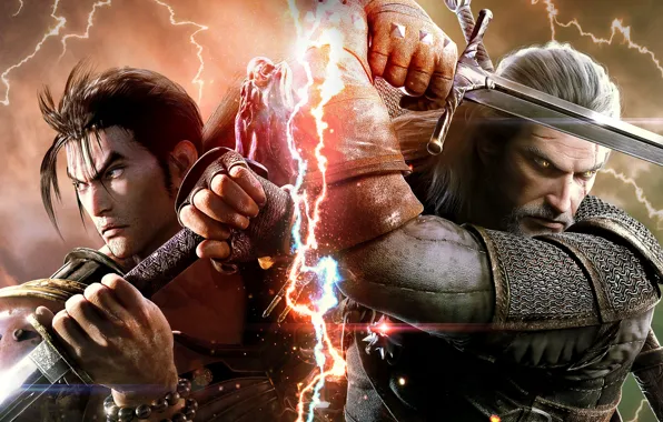 Sword, game, Soul Calibur, The Witcher, grey, eyes, katana, man