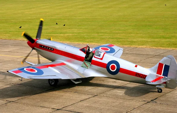 Picture pilot, the plane, British, airfield, readiness to take off, Supermarine Spitfire Mk.XIV, speed fighter