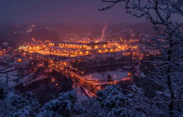 Picture winter, trees, bridge, river, building, Germany, panorama, night city