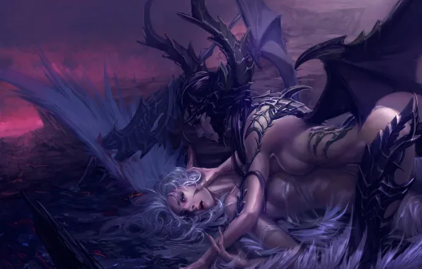 Blood, wings, Angel, the demon, claws, horns, spear