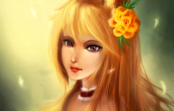 Flower, girl, art, Fox, ears, Kokoro