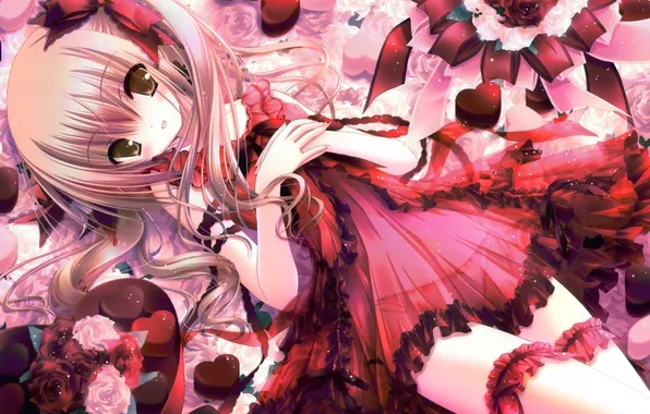 Girl, flowers, red, hearts, lies, Kawai