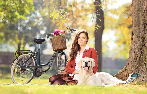 Picture look, girl, flowers, bike, smile, Park, dog, brown hair