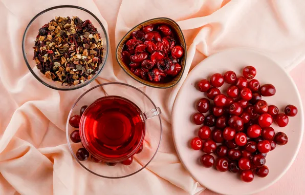 Glass, red, berries, tea, kettle, plate, Cup, fabric