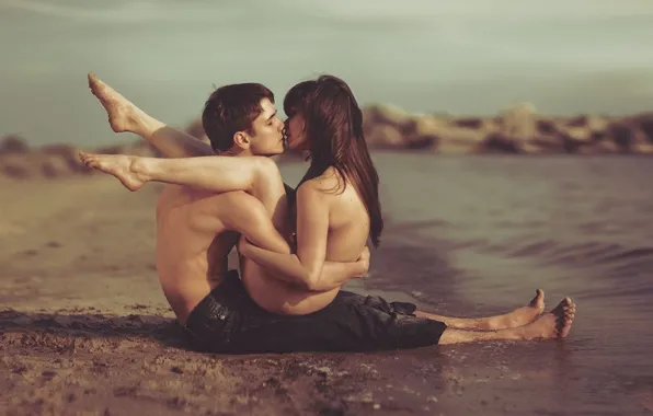 Sand, sea, beach, girl, love, mood, pair, guy