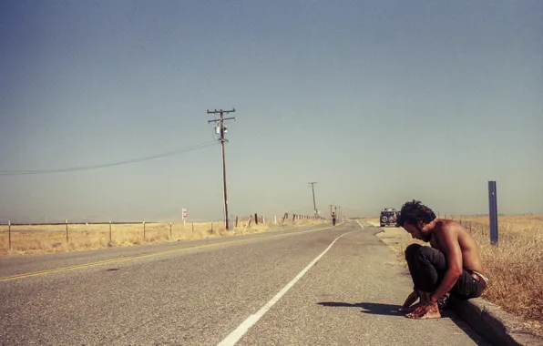 Road, field, machine, the sky, shadow, men, power line