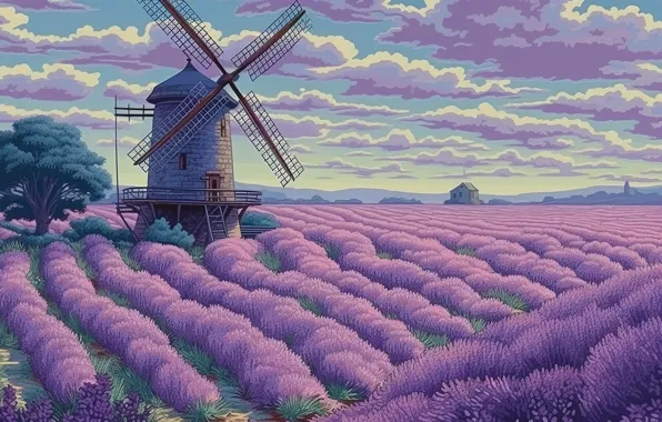 Field, summer, nature, graphics, lavender, plantation, windmill, lavender field