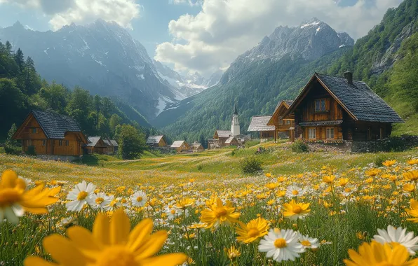 Field, summer, clouds, flowers, mountains, fog, home, chamomile
