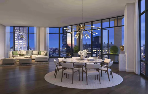 Interior, megapolis, NYC, living room, dining room
