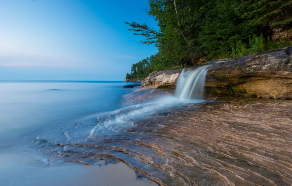 Picture sea, forest, the sky, trees, rock, lake, river, stream