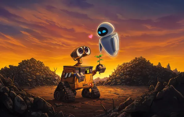 Flower, cartoon, robots, art, EVE, WALL·E, WALL·AND