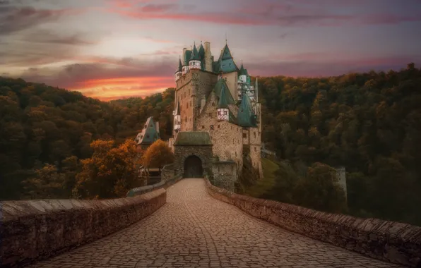 Autumn, forest, clouds, sunset, bridge, castle, Germany, bridge