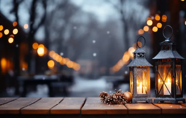 Winter, snow, night, Christmas, lantern, New year, Christmas, night