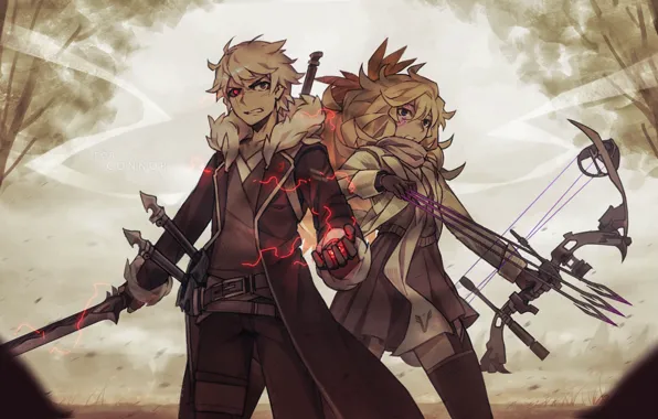 Girl, lightning, crossbow, guy, Zhao-P, by Zhao-P