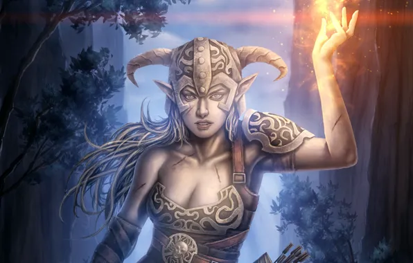 Girl, fire, magic, helmet, Elder Scrolls V: Skyrim