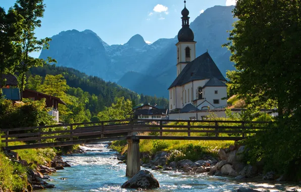 Picture the sky, trees, mountains, bridge, river, Church