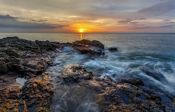 Picture sea, the sky, the sun, clouds, sunset, stones, rocks