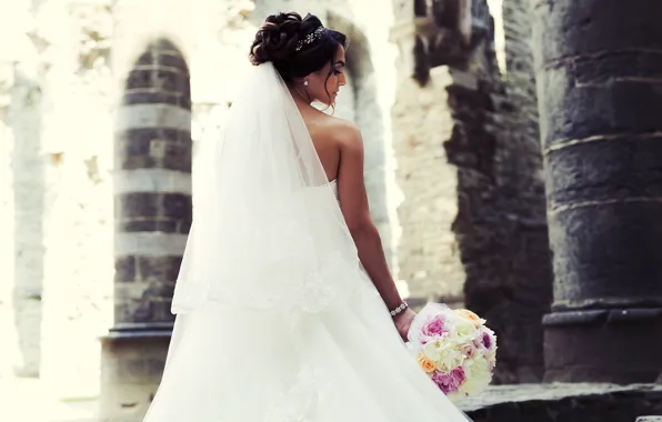 Bouquet, dress, the bride, veil