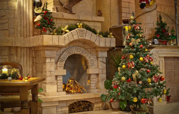 Decoration, heat, holiday, tree, new year, Christmas, fireplace