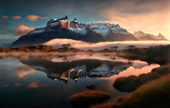 Snow, landscape, mountains, nature, lake, reflection, rendering, shore