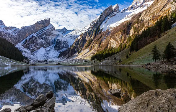 Reflection, Lake, Switzerland, Alps, Landscape, Seealpsee