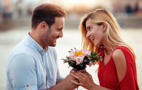 Girl, love, flowers, mood, bouquet, pair, lovers, smile