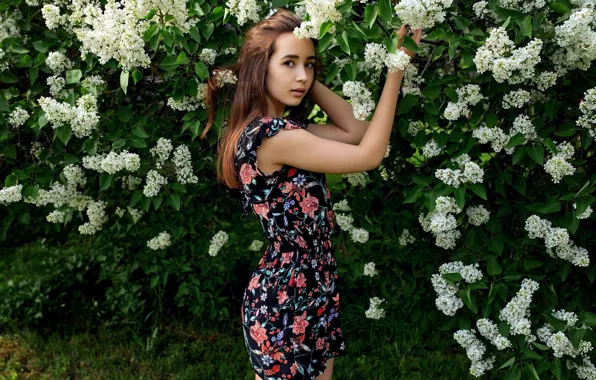 Model, portrait, makeup, garden, dress, hairstyle, brown hair, beauty