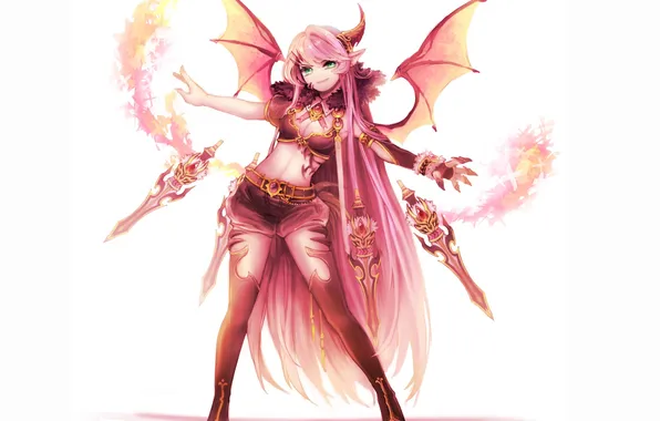 Chest, look, girl, smile, weapons, wings, the demon, art