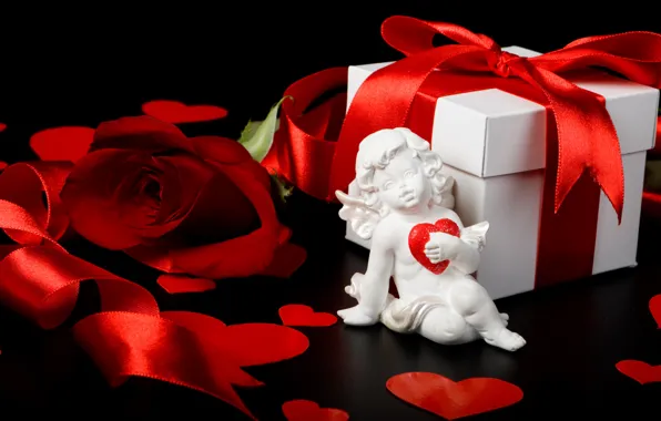 Box, gift, rose, tape, hearts, red, rose, box