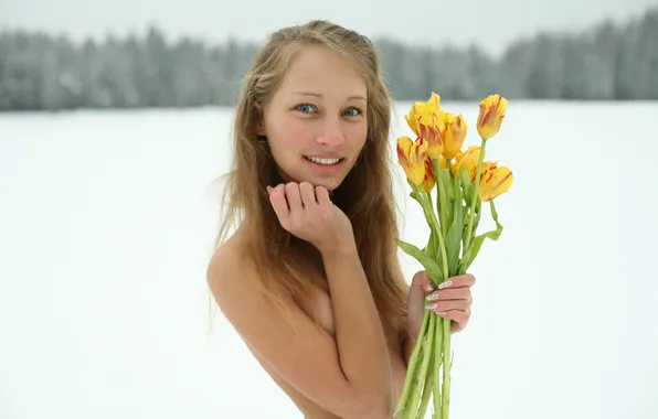 Girl, sexy, long hair, trees, nature, boobs, smile, blue eyes