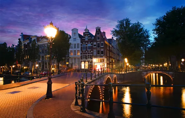 Picture night, the city, home, lighting, Amsterdam, lights, channel, Netherlands