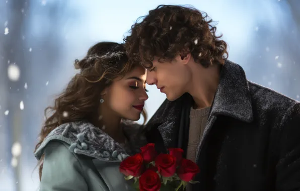 Winter, girl, snow, love, flowers, holiday, roses, bouquet