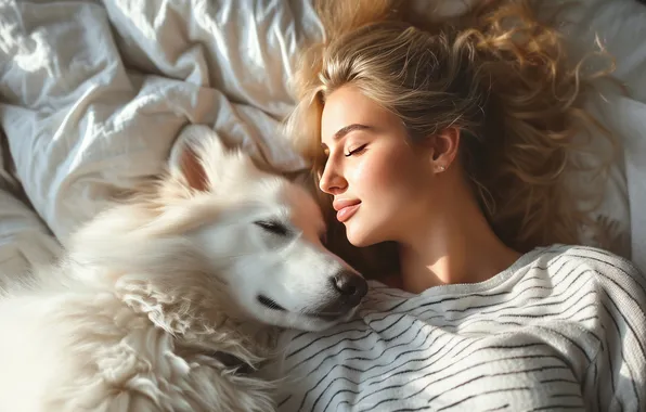 White, girl, light, pose, smile, comfort, together, bed