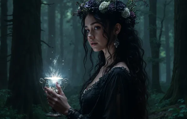 Forest, look, girl, light, trees, flowers, night, pose