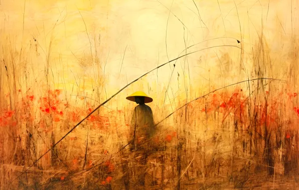 Branches, thickets, hat, Asia, male, guy, painting, yellow background