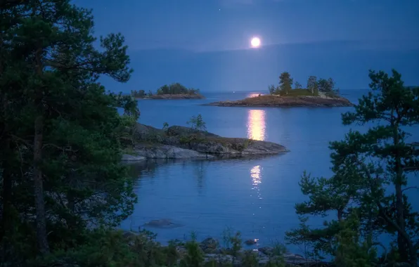 Landscape, night, nature, stones, the moon, Lake Ladoga, Karelia, Ladoga