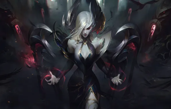 Picture dark, girl, fantasy, game, magic, cleavage, red eyes, League of Legends