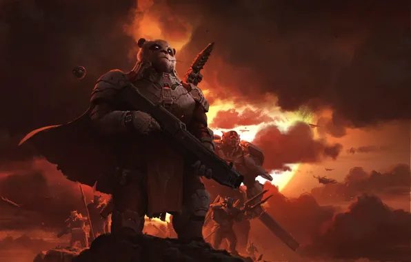 Sunset, Style, Bear, Soldiers, Soldiers, Weapons, Fantasy, Warriors