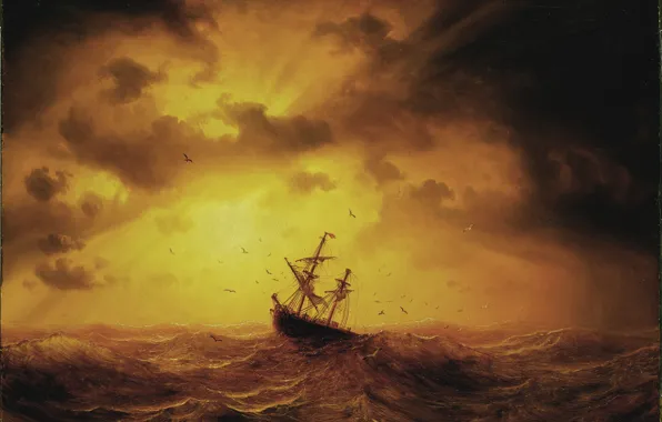 Sea, ship, picture, Storm at sea, marcus larson, 1857