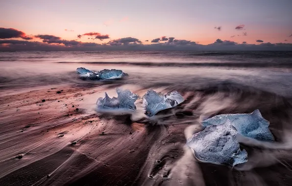 Sea, beach, sunset, ice