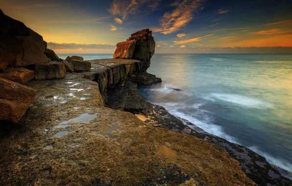 Picture sea, sunrise, rocks, coast, Portland, Pulpitt Rock