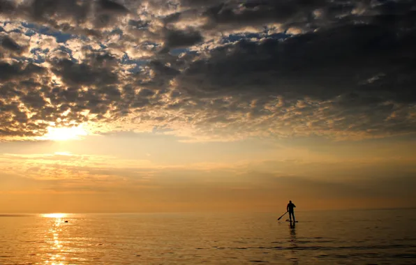 Sea, clouds, overcast, sport, minimalism, the evening, male, paddle