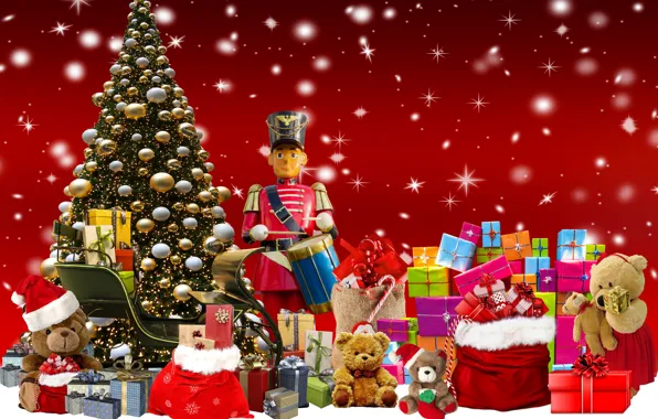 Christmas, New year, Gifts, Bears, Red background, Christmas gifts for children, Christmas tree