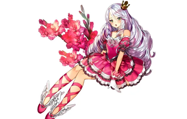 Shoes, crown, dress, white background, gloves, wings, long hair, gladiolus