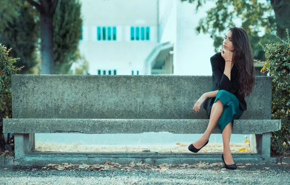 Girl, brunette, Nicole, bench