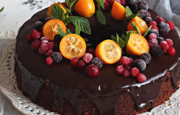 Berries, chocolate, cake, kumquat