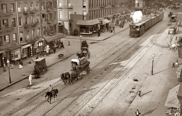Picture retro, transport, rails, horses, pavers, Tram, history, old town