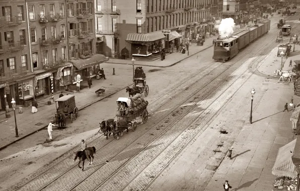 Retro, transport, rails, horses, pavers, Tram, history, old town